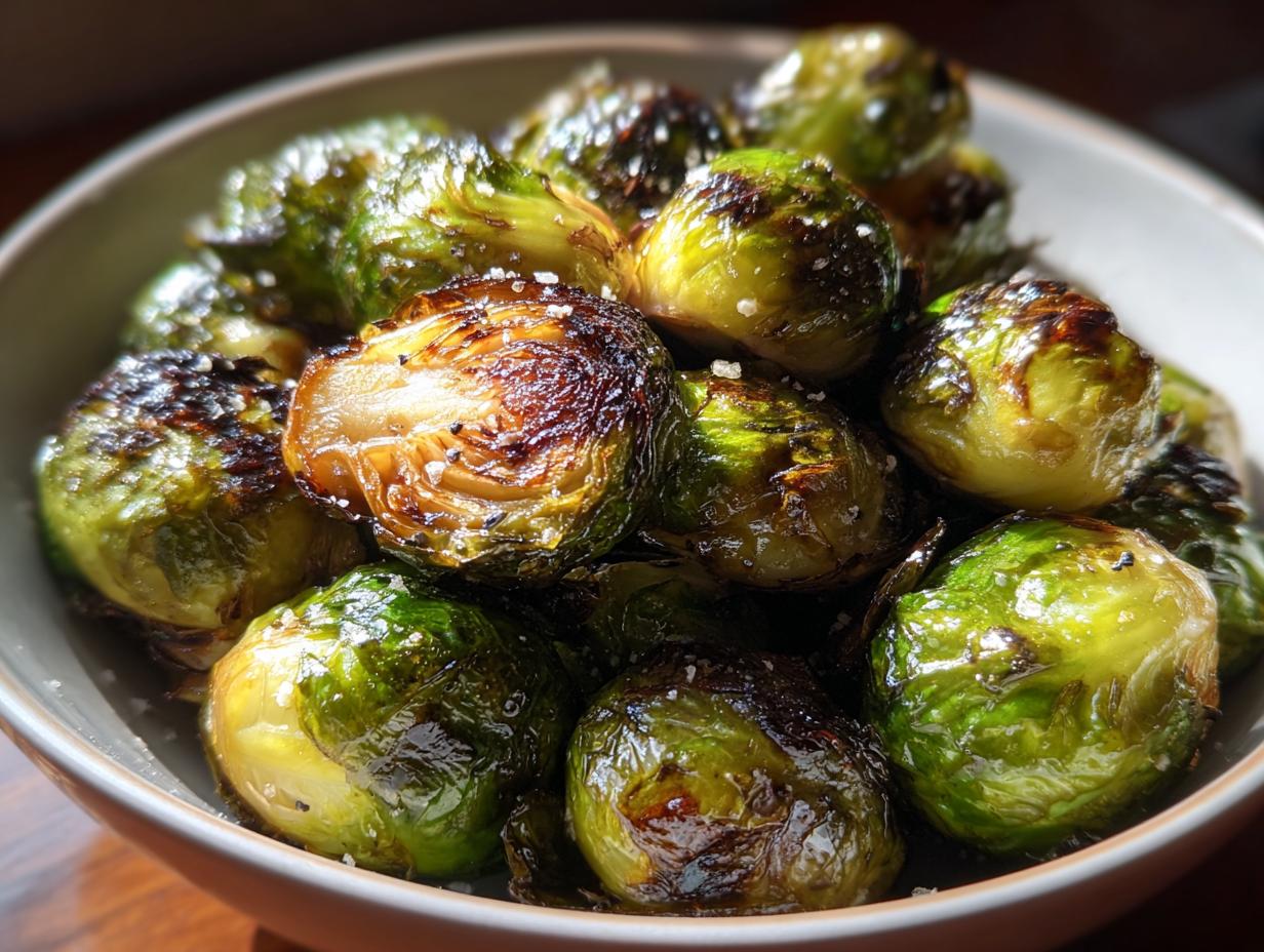 Close-up of perfectly crisp and caramelized air fryer Brussels sprouts, sprinkled with sea salt.