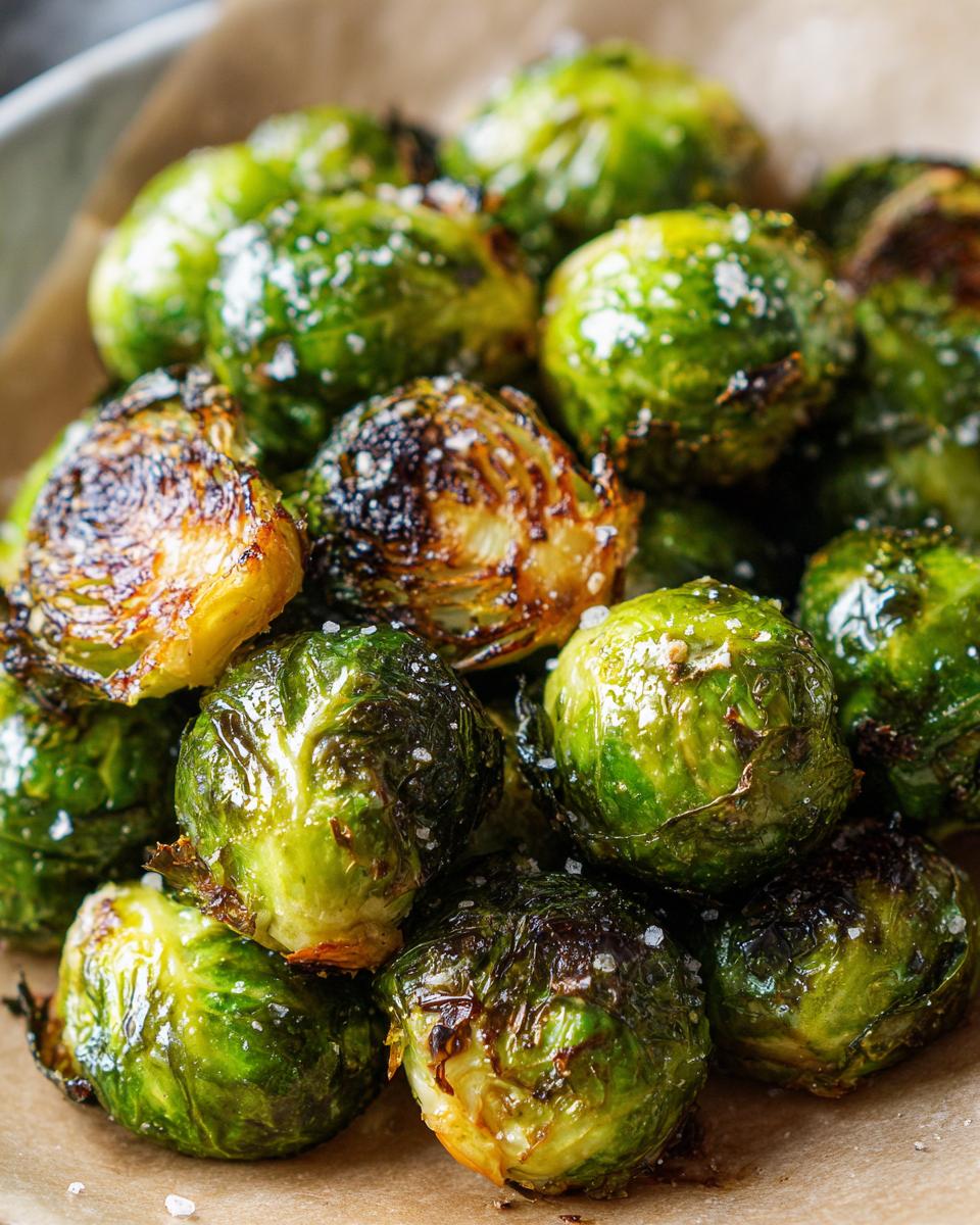 Close-up of a pile of perfectly crisp and caramelized air fryer brussels sprouts, sprinkled with sea salt.