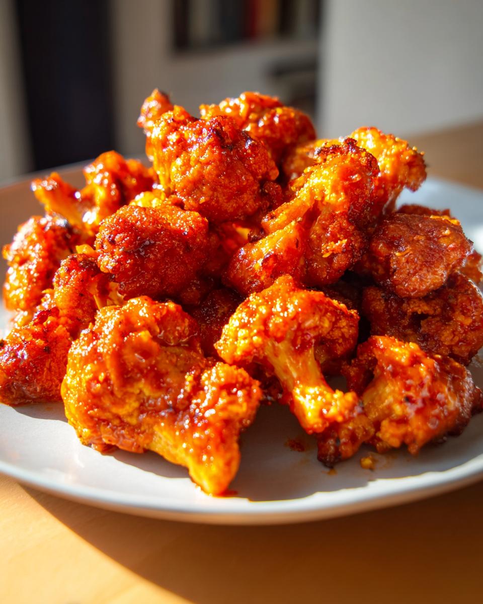 A close-up of a plate piled high with crispy air fryer buffalo cauliflower florets coated in a glossy, spicy sauce.