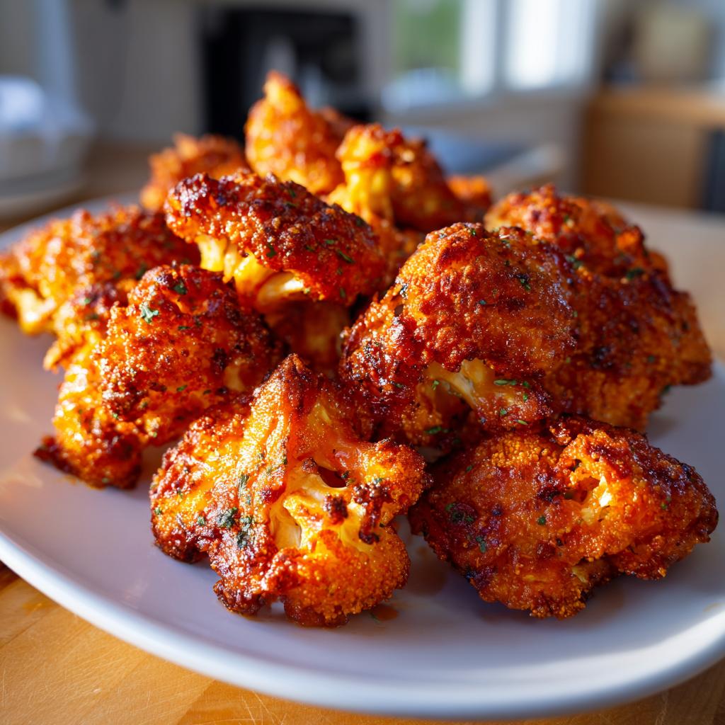 Close-up of crispy air fryer buffalo cauliflower bites piled on a white plate, sprinkled with parsley.