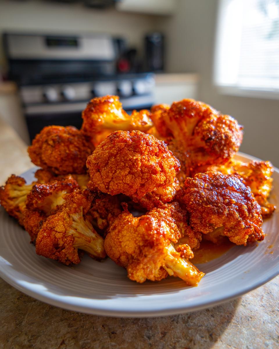 A plate full of crispy Air Fryer Buffalo Cauliflower florets, coated in a vibrant orange sauce.