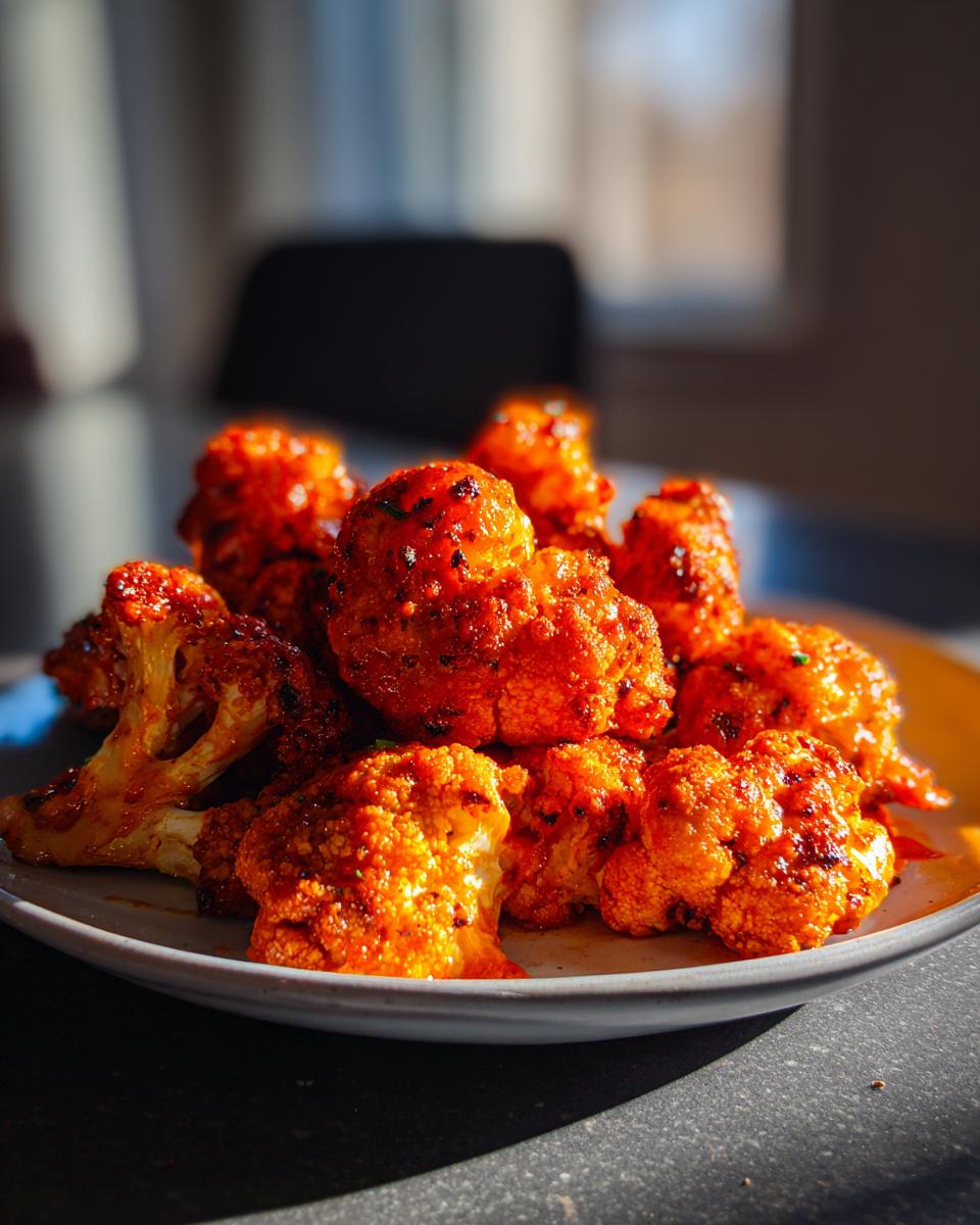 A plate of perfectly cooked, crispy air fryer buffalo cauliflower florets coated in a vibrant red sauce.