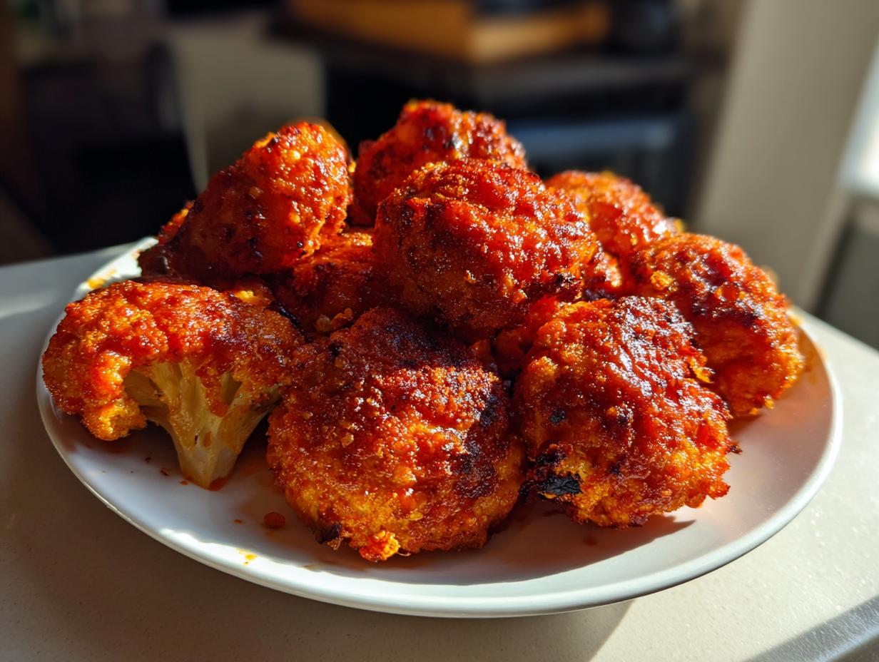 A plate piled high with golden-brown, crispy air fryer buffalo cauliflower florets coated in a vibrant red sauce.