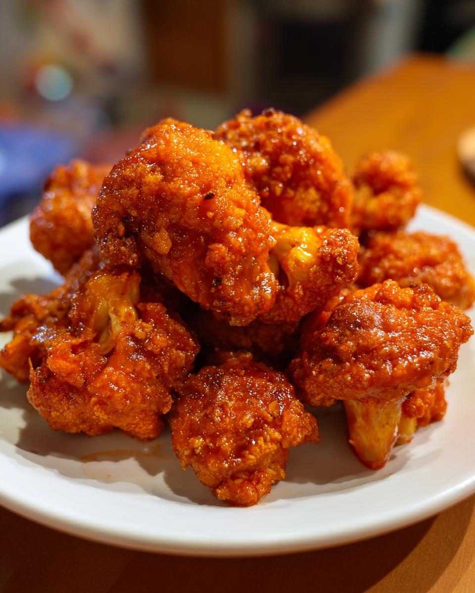 A pile of crispy buffalo cauliflower florets coated in a vibrant orange sauce, ready to be served.