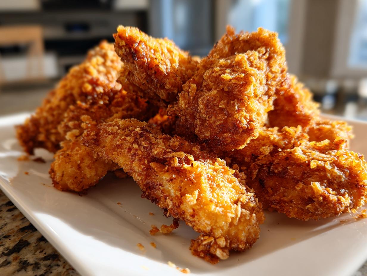 A pile of golden brown, crispy chicken tenders made in an air fryer, served on a white plate.