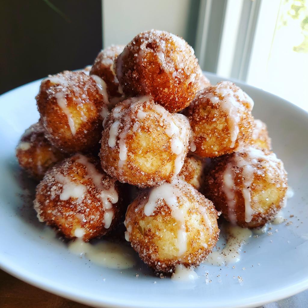A pile of golden brown, freshly made air fryer donut holes coated in cinnamon sugar and drizzled with icing.