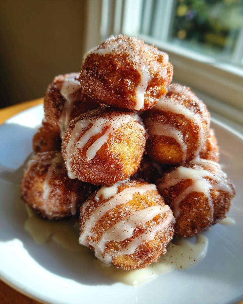 A pile of golden-brown air fryer donut holes coated in cinnamon sugar and drizzled with icing.