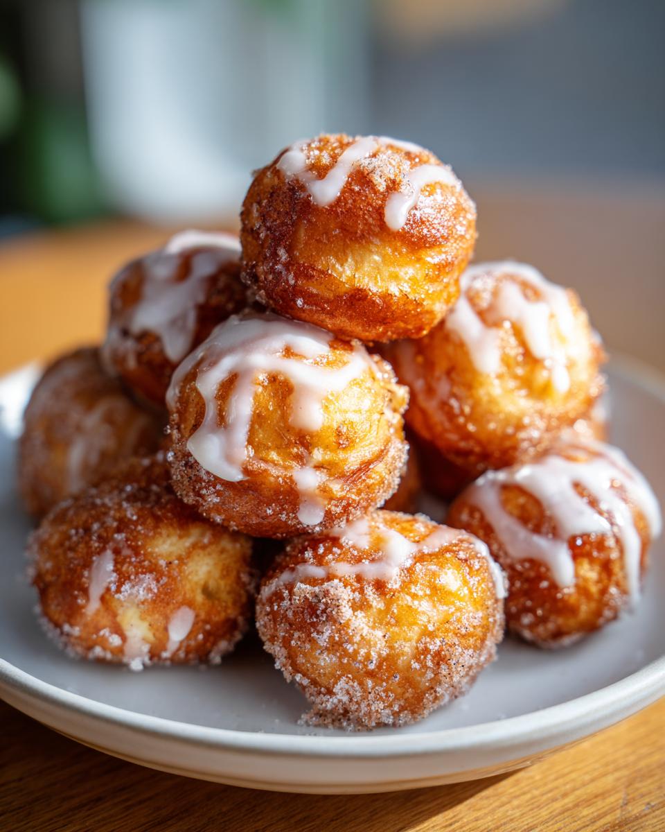A close-up stack of homemade air fryer cinnamon sugar donut holes drizzled with icing.