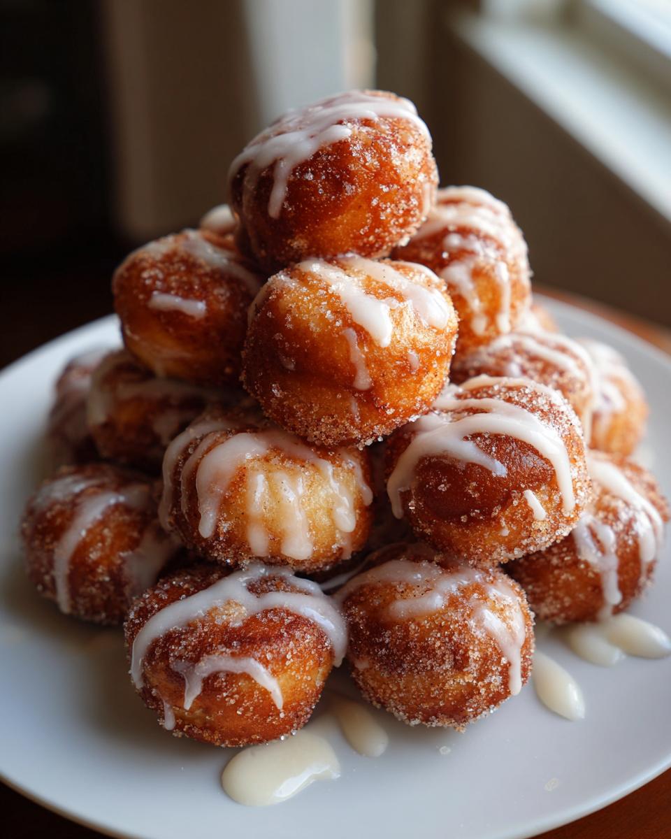 A tall stack of golden brown air fryer cinnamon sugar donut holes drizzled with white icing.