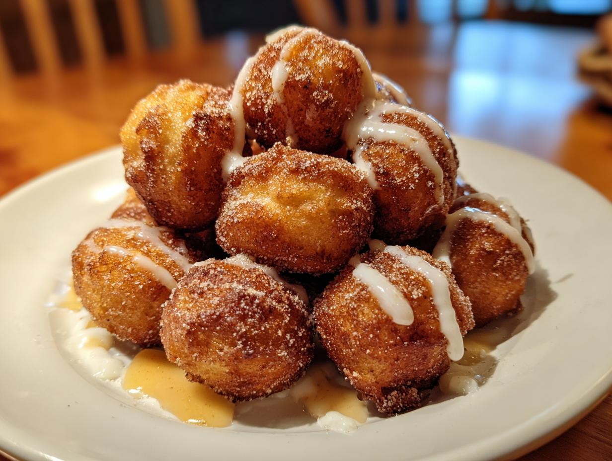A pile of golden brown, cinnamon sugar donut holes drizzled with white icing, made using air fryer recipes.