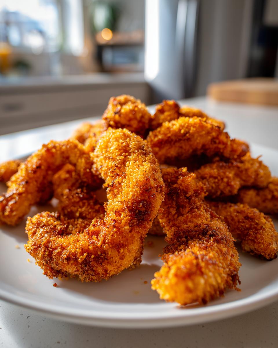 A plate of golden brown, crispy chicken tenders made in an air fryer.