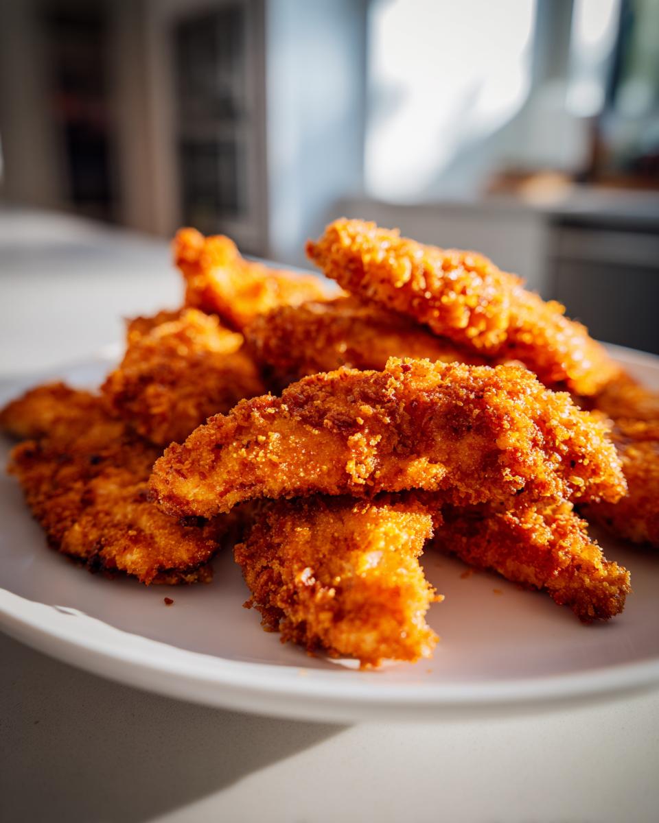 A pile of golden-brown, crispy chicken tenders on a white plate, perfect for air fryer recipes.