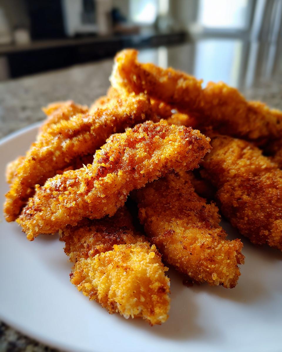 A close-up shot of a pile of golden-brown, crispy chicken tenders made in an air fryer, served on a white plate.