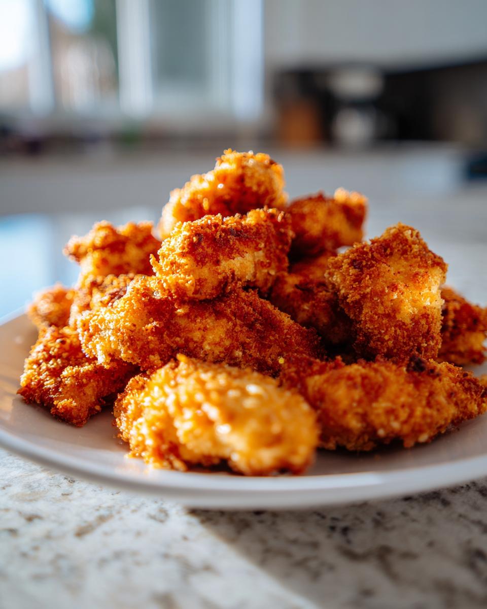 A pile of golden-brown, crispy chicken tenders made in an air fryer, served on a white plate.