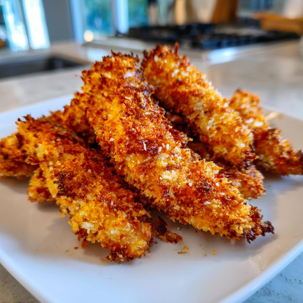 A close-up shot of golden-brown, crispy chicken tenders piled on a white plate, made using air fryer recipes.