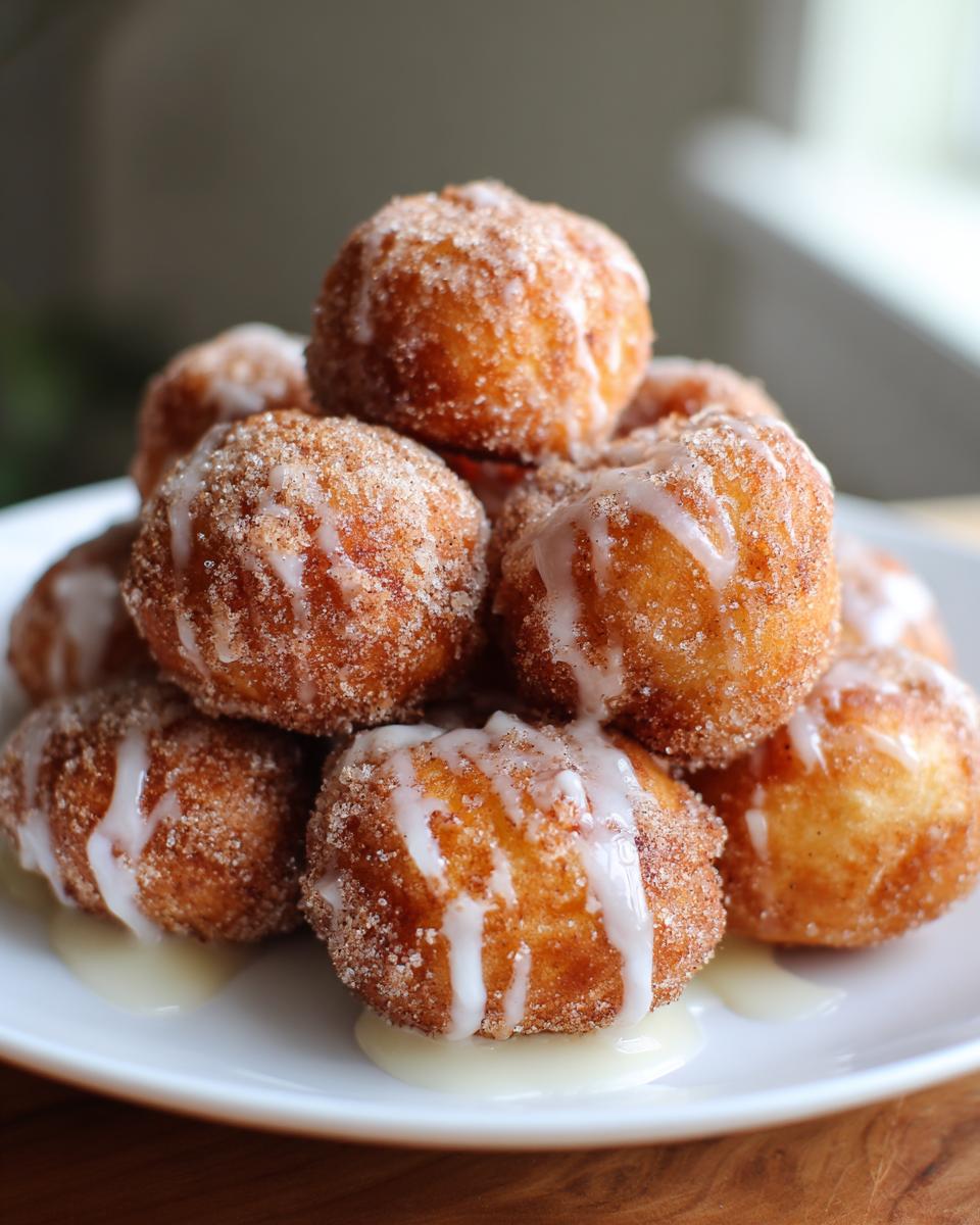 A pile of golden brown air fryer donut holes coated in cinnamon sugar and drizzled with white icing.