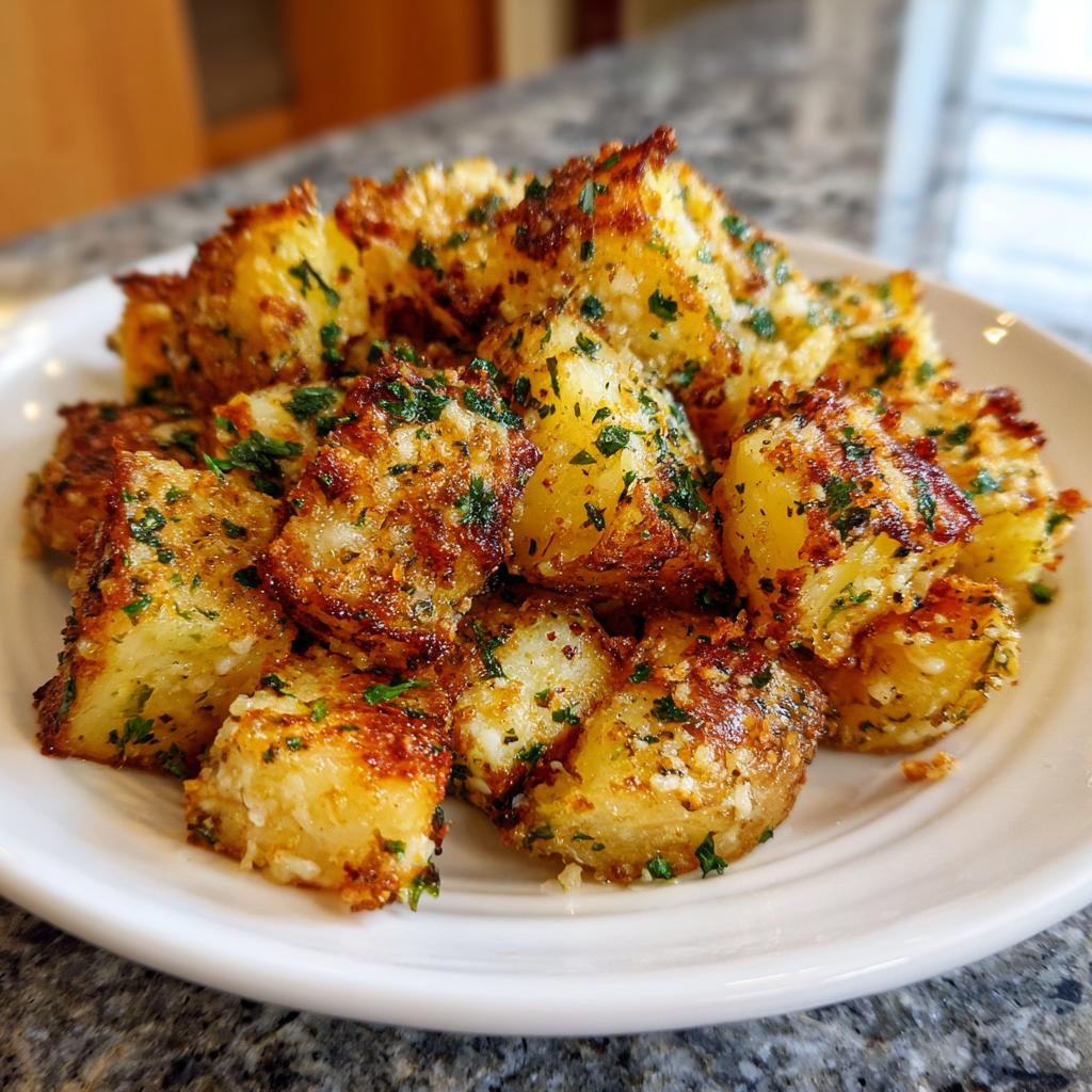 A plate of crispy air fryer garlic parmesan potatoes, seasoned with herbs and cheese.