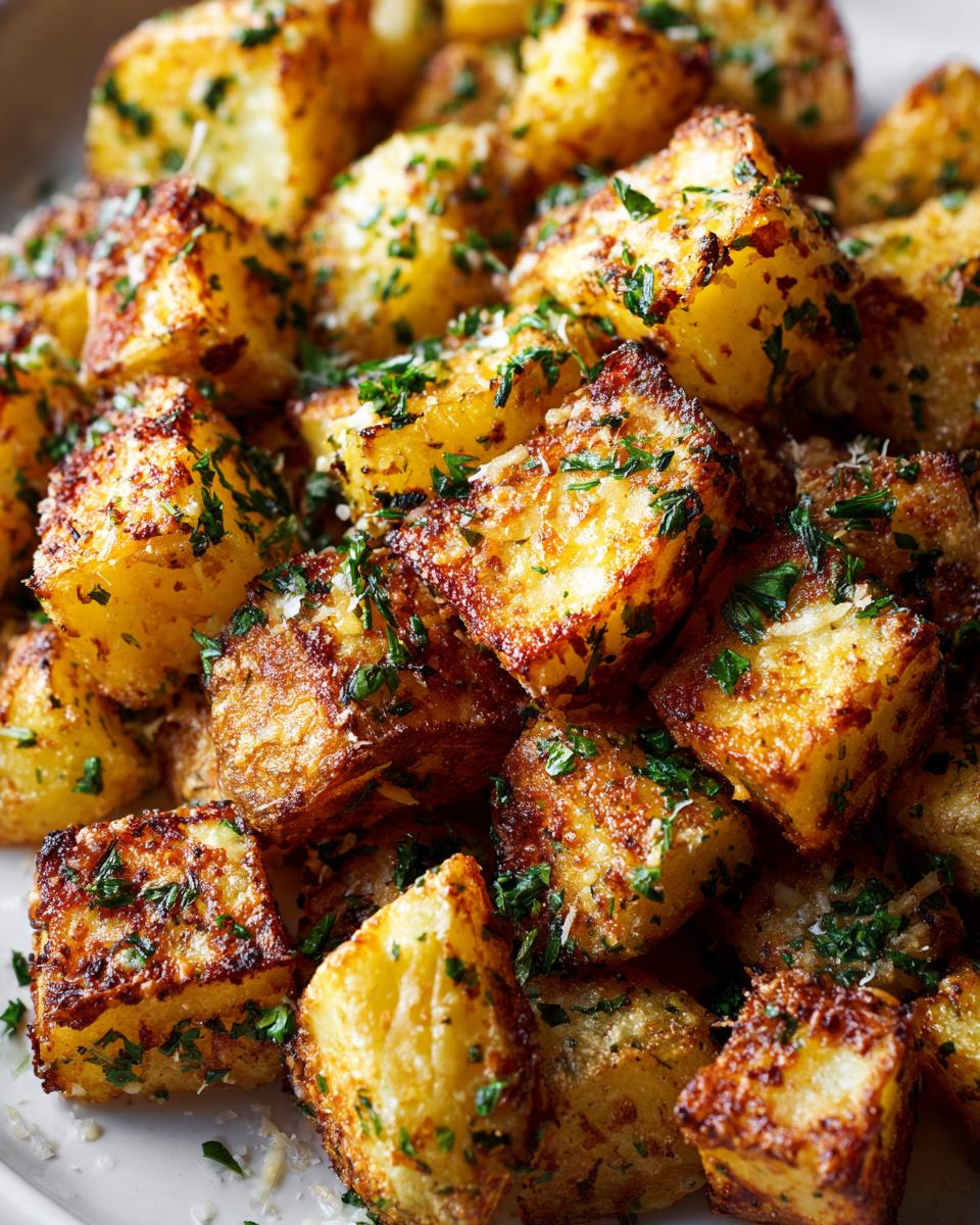 Close-up of golden brown, crispy air fryer garlic parmesan potatoes sprinkled with fresh parsley.