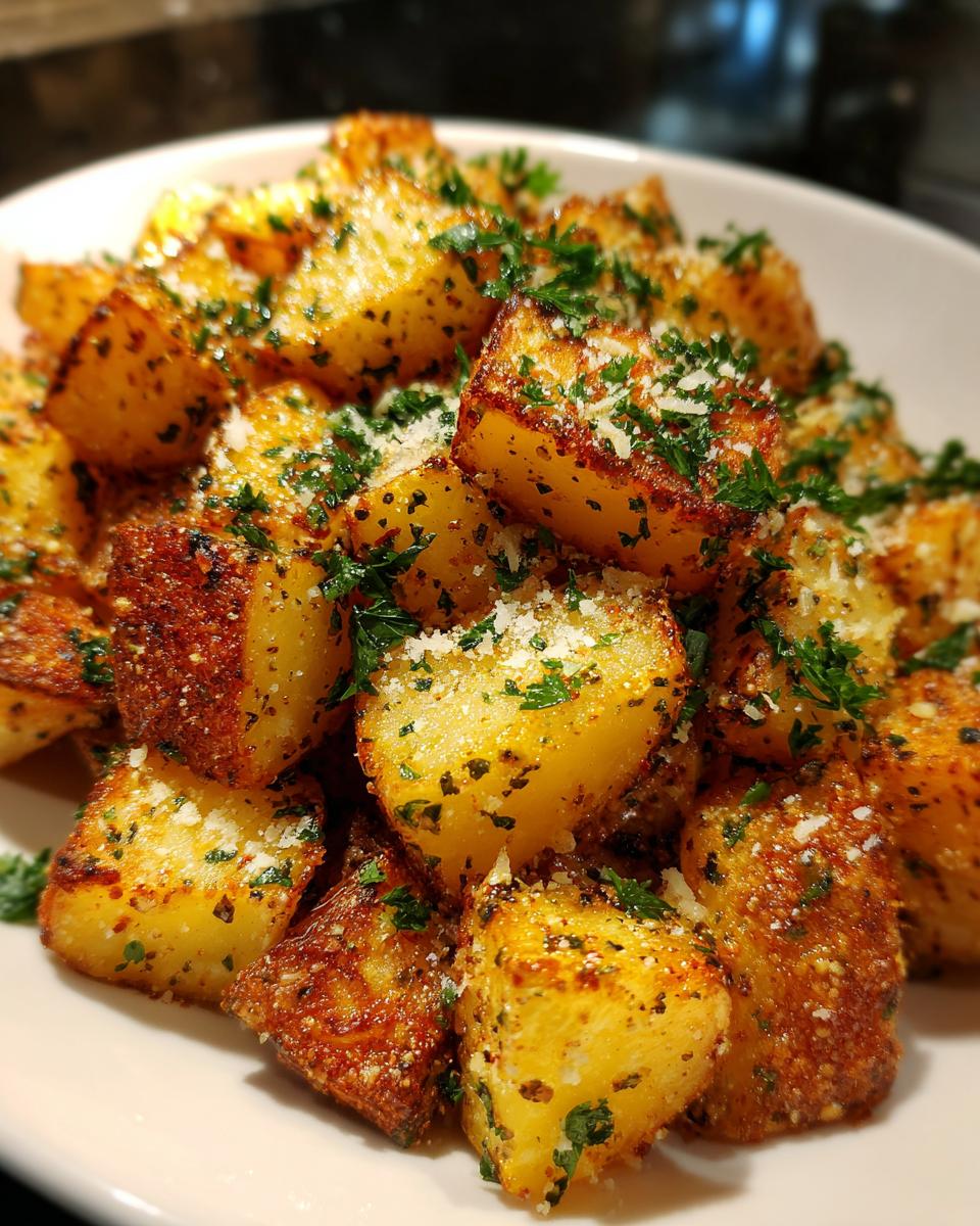 Close-up of golden-brown air fryer garlic parmesan potatoes sprinkled with fresh parsley and grated cheese.