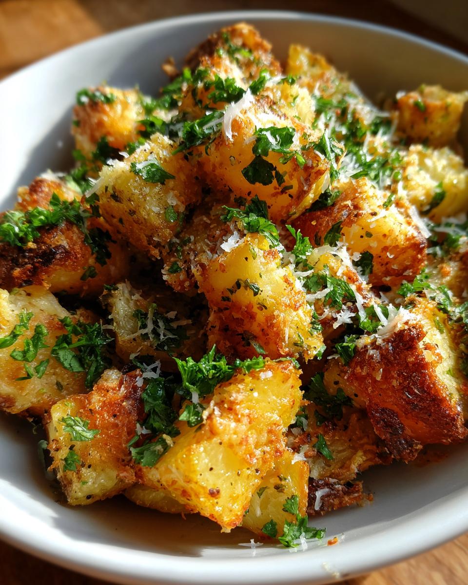 A close-up shot of crispy air fryer garlic parmesan potatoes, garnished with fresh parsley and grated parmesan cheese.
