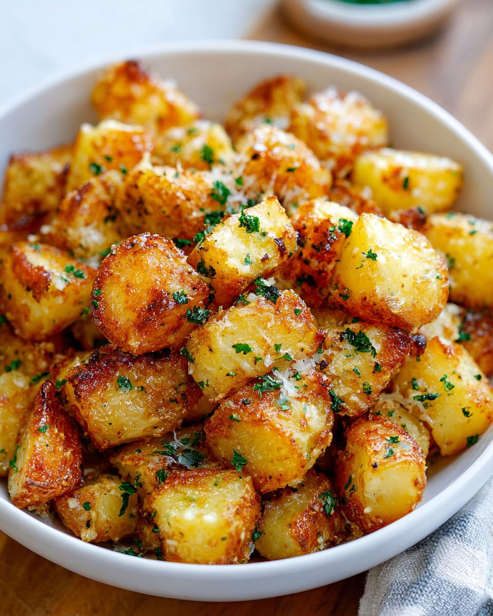 Close-up of golden brown Air Fryer Garlic Parmesan Potatoes sprinkled with parsley and cheese in a white bowl.