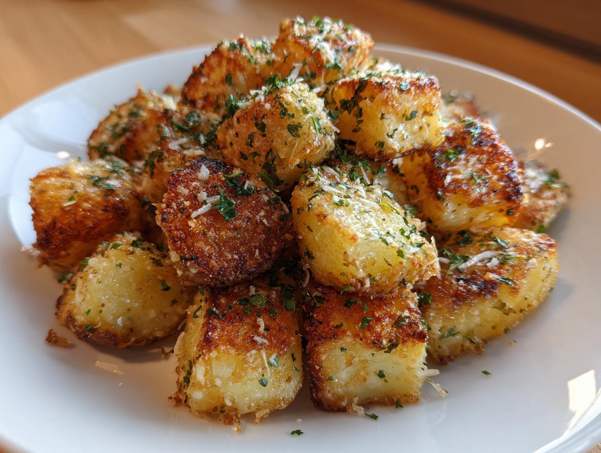 A pile of golden brown air fryer garlic parmesan potatoes sprinkled with fresh parsley and grated cheese.