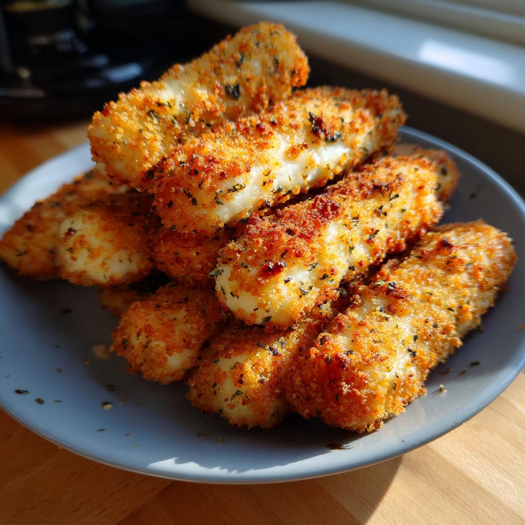 A pile of golden brown, crispy air fryer mozzarella sticks on a grey plate, seasoned with herbs.