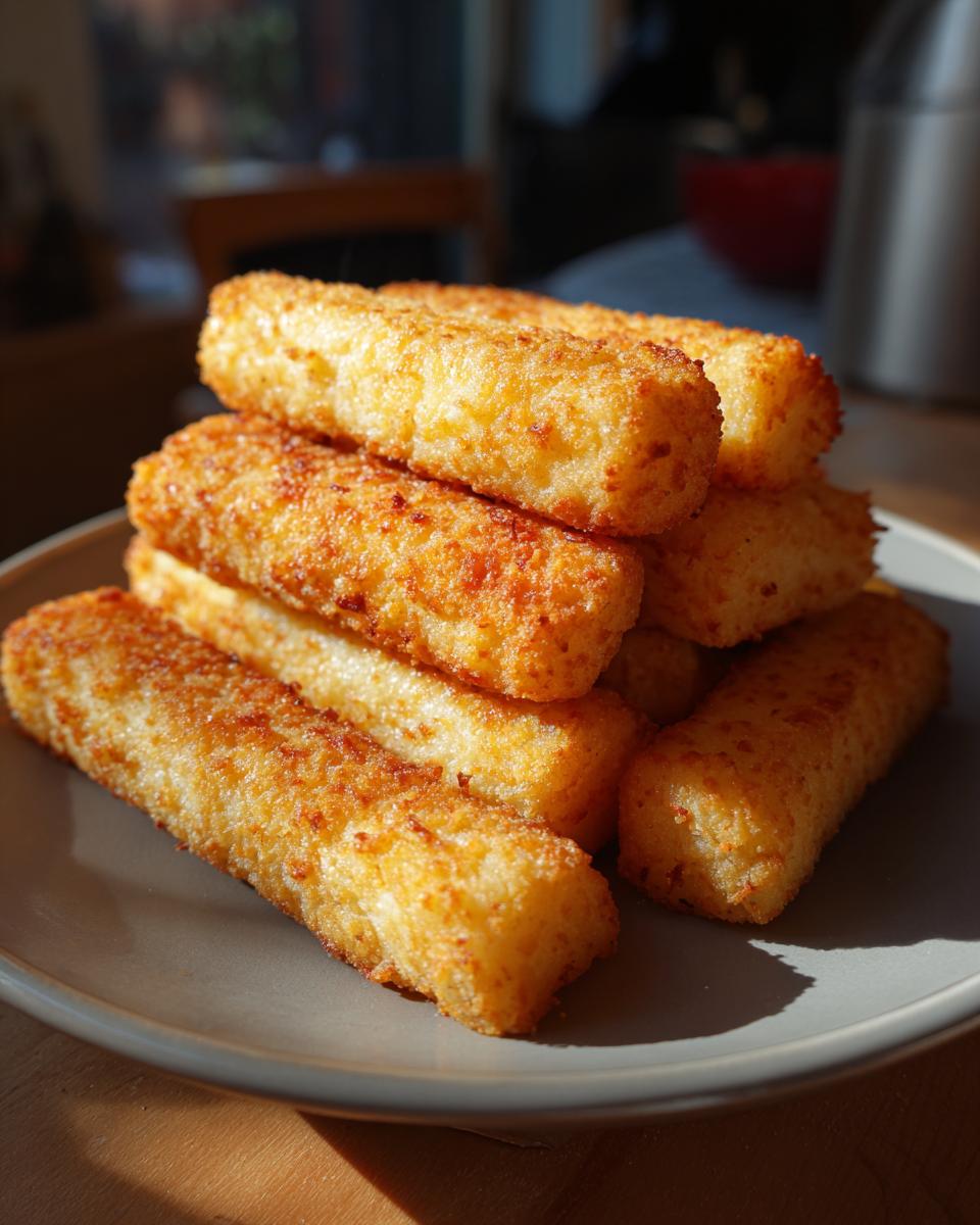 A stack of golden brown, crispy mozzarella sticks cooked in an air fryer.