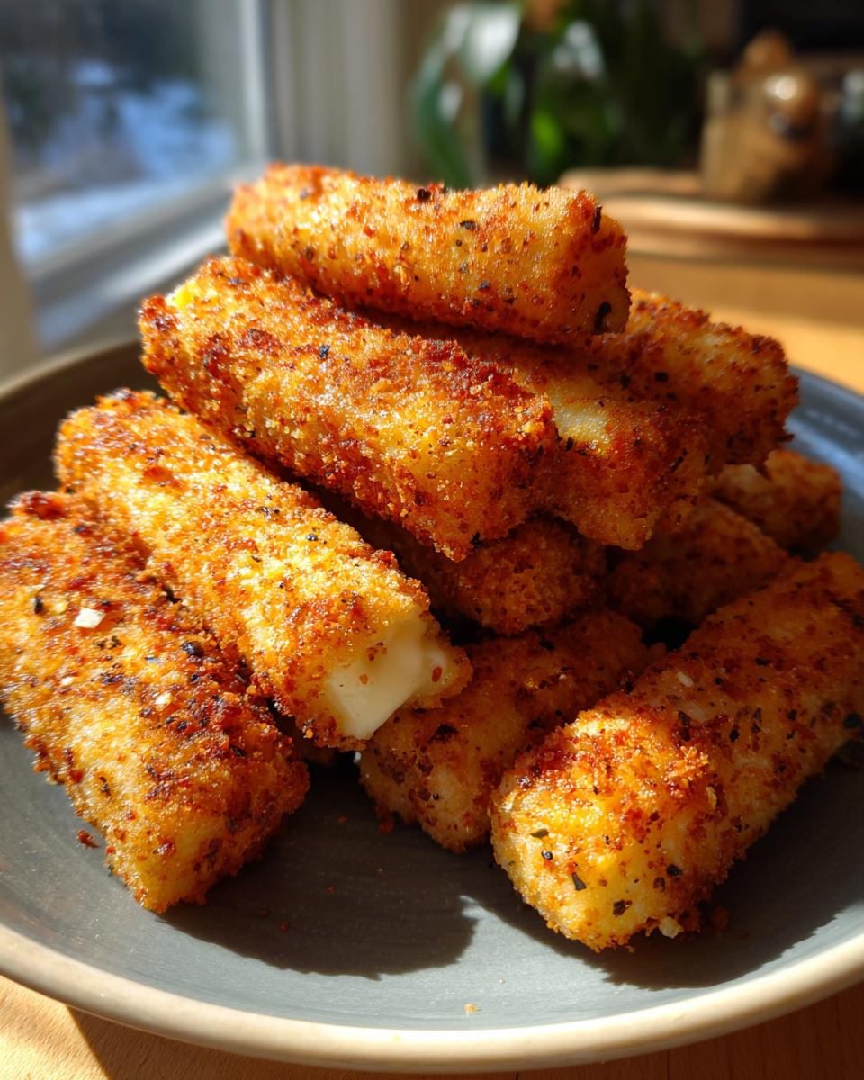A pile of golden brown, crispy air fryer mozzarella sticks on a dark plate, with one stick showing melted cheese.