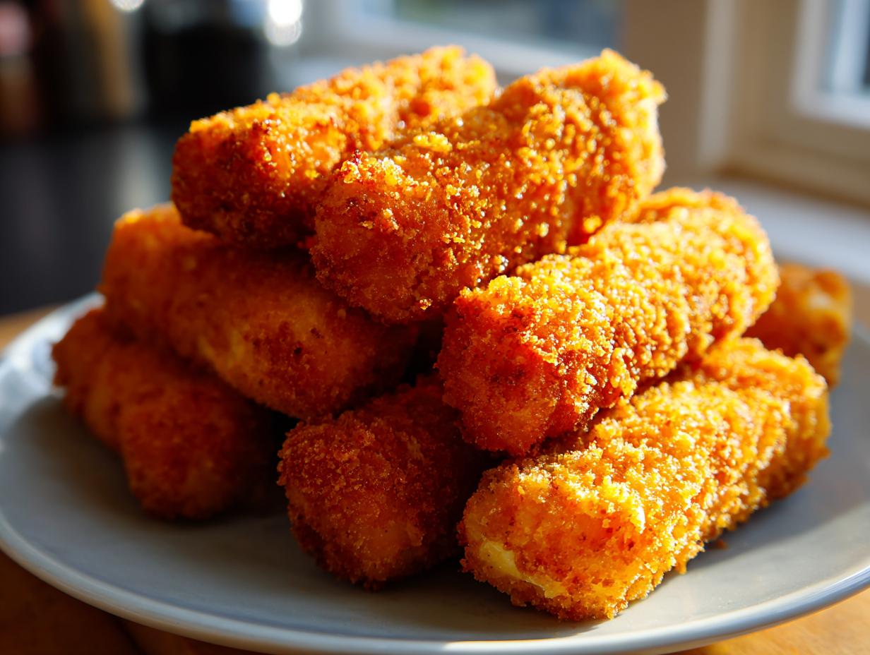 A pile of crispy, golden air fryer mozzarella sticks on a light gray plate.