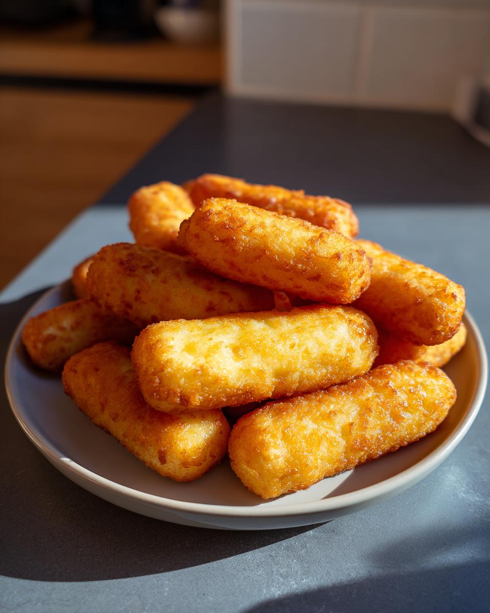 A pile of golden brown air fryer mozzarella sticks on a plate, ready to be enjoyed.
