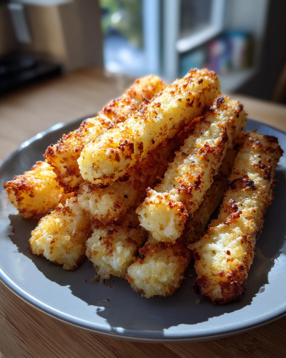 A pile of golden brown air fryer mozzarella sticks on a gray plate, ready to be enjoyed.