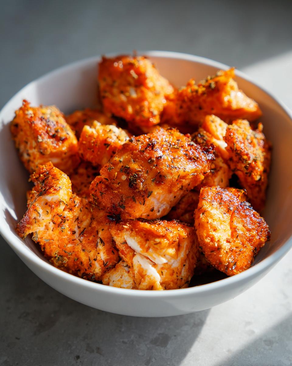 A white bowl filled with golden-brown, seasoned air fryer salmon bites, perfect for fast protein dinners.