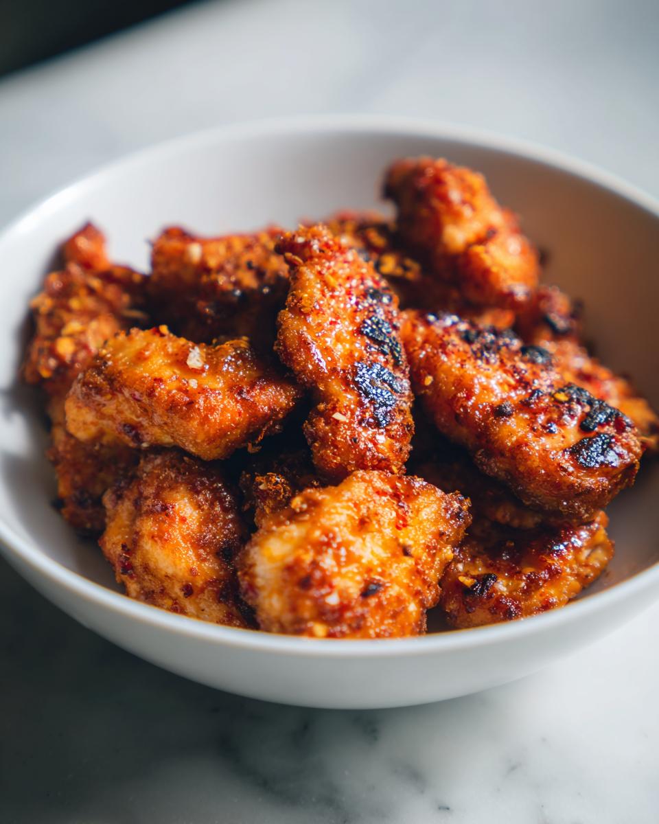 Crispy, golden air fryer salmon bites seasoned with chili flakes in a white bowl, perfect for fast protein dinners.