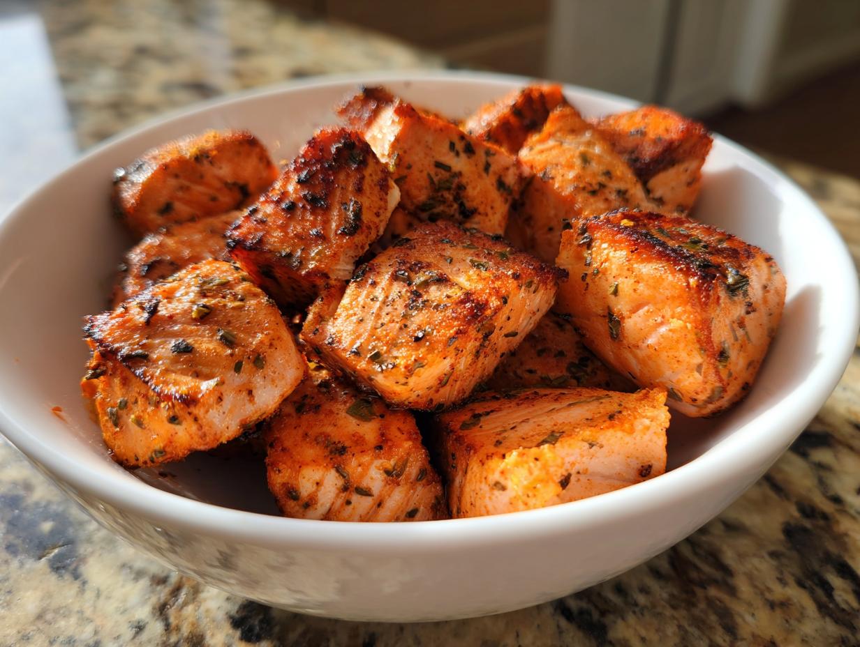 A white bowl filled with perfectly cooked, seasoned air fryer salmon bites, ready for a fast protein dinner.