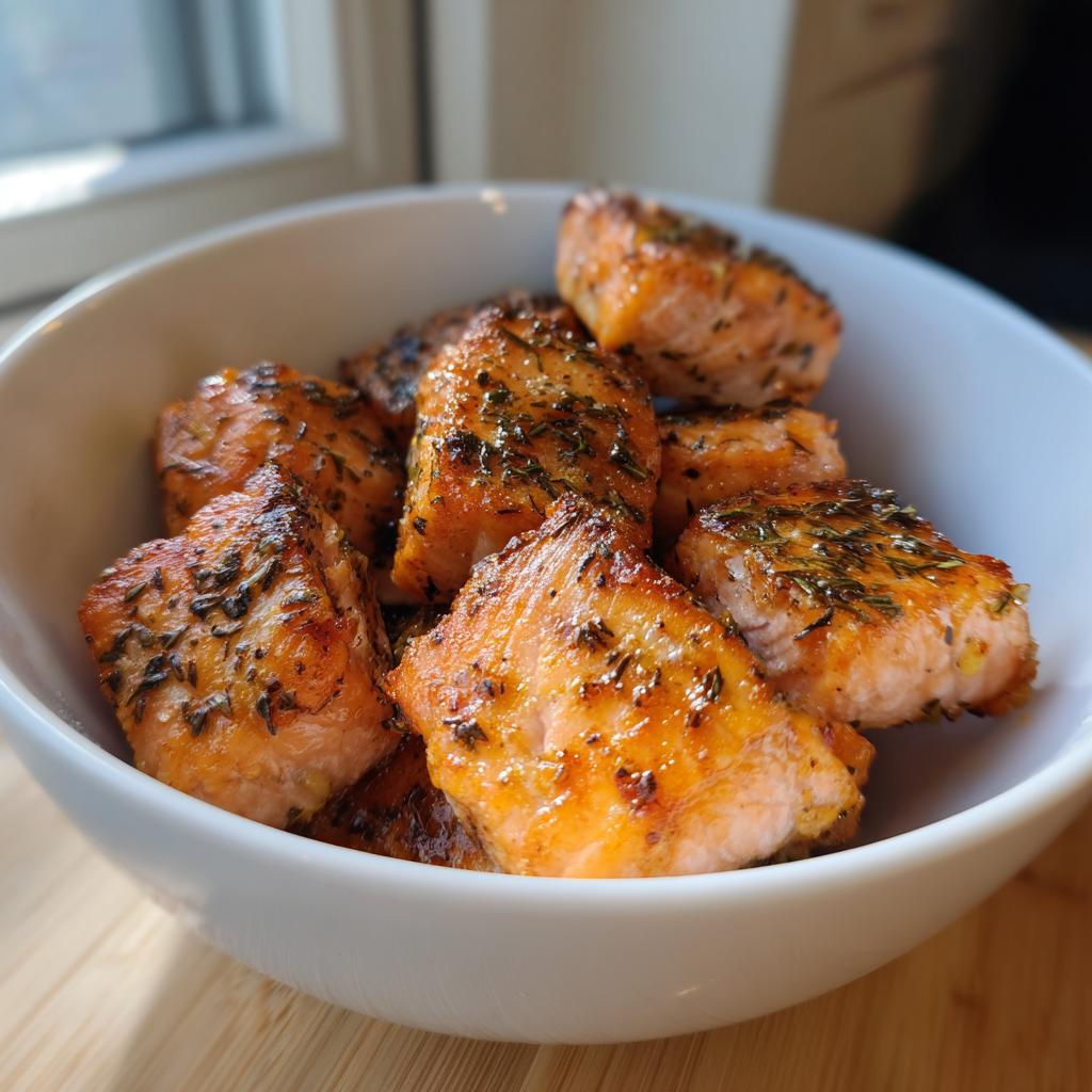 A white bowl filled with golden-brown air fryer salmon bites seasoned with herbs, perfect for fast protein dinners.