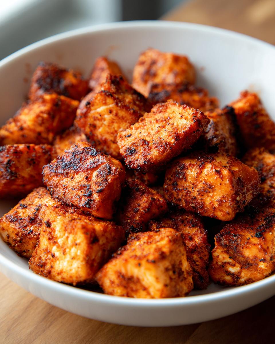 A white bowl filled with seasoned air fryer salmon bites, perfect for fast protein dinners.