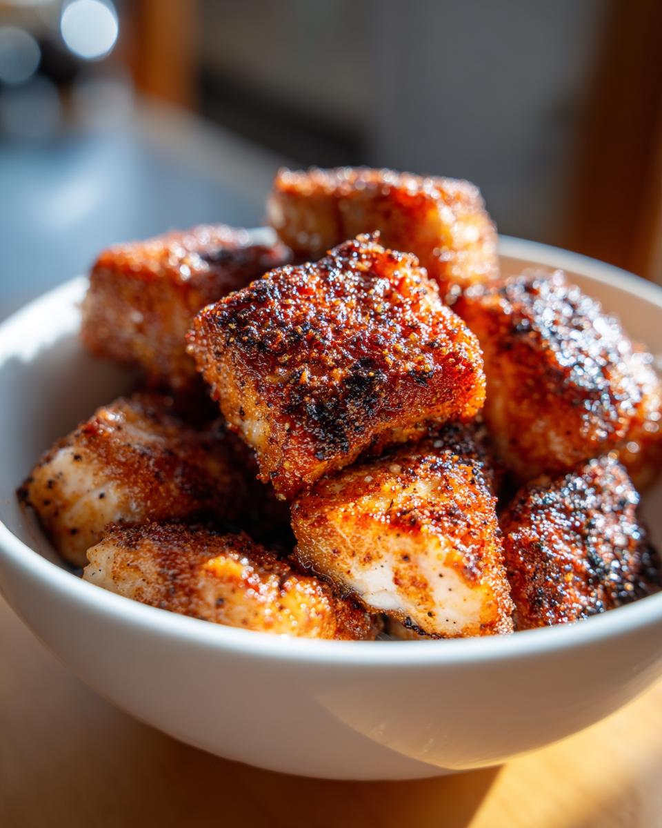 Close-up of a bowl filled with golden-brown, crispy air fryer salmon bites, seasoned and ready to eat.