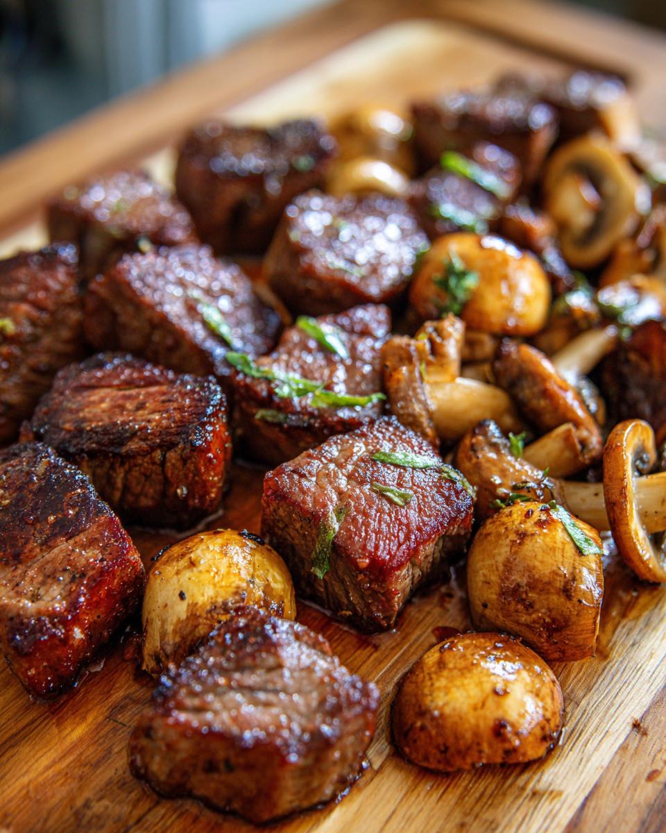 Close-up of air fryer steak bites and mushrooms seasoned and garnished with herbs on a wooden board.