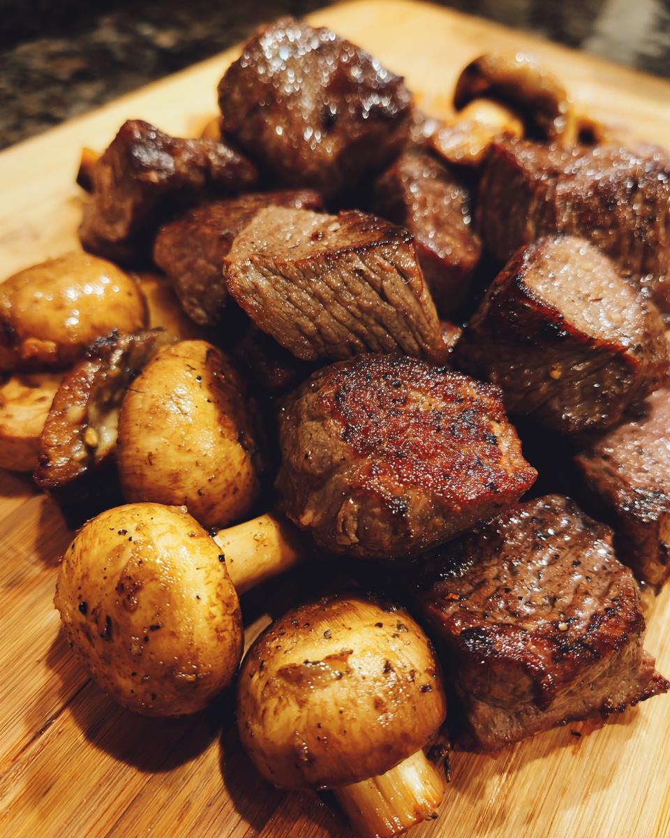Close-up of air fryer steak bites and mushrooms seasoned with pepper on a wooden board.