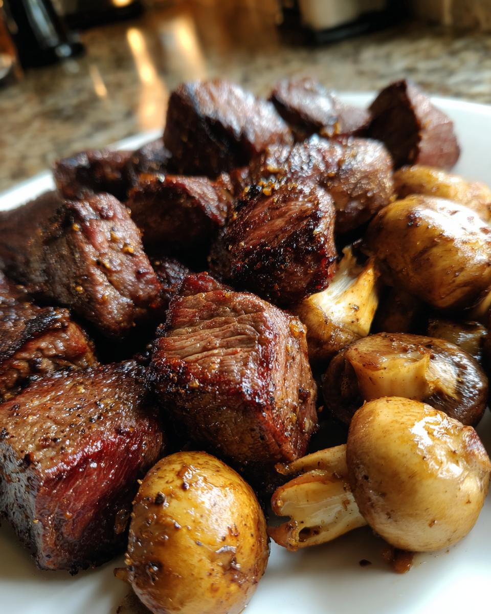 Close-up of juicy air fryer steak bites and mushrooms cooked together in one basket.
