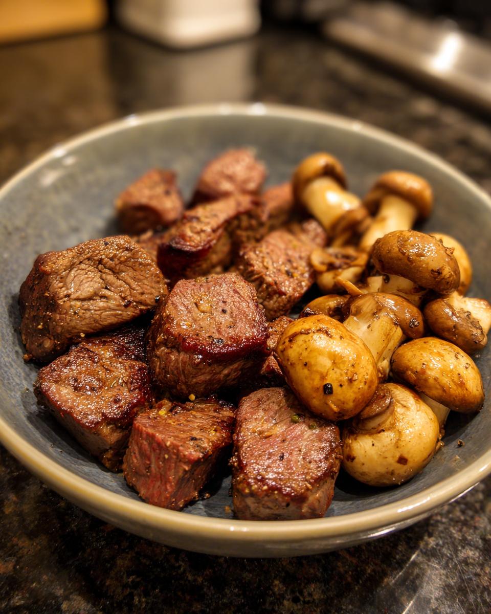 A bowl filled with juicy air fryer steak bites and golden brown mushrooms, a perfect combination for air fryer recipes.