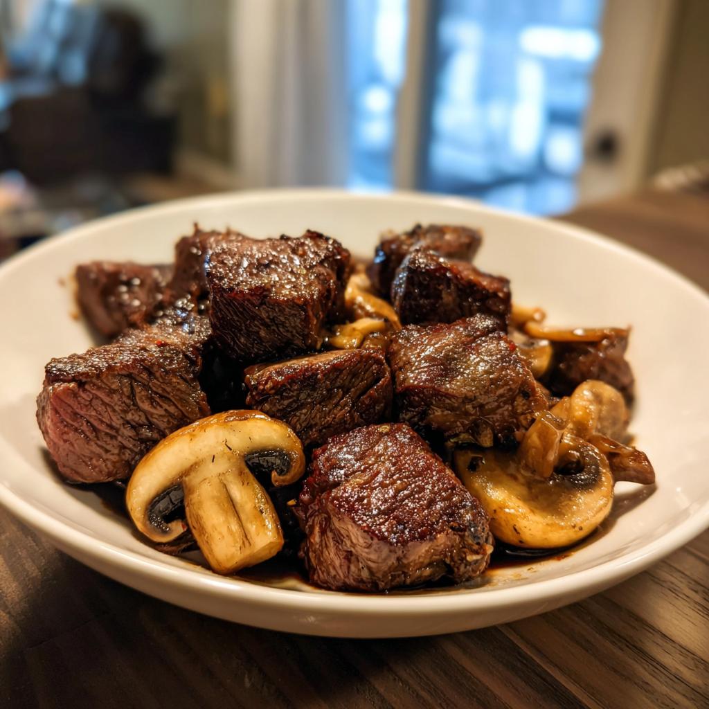 A white bowl filled with juicy air fryer steak bites and sautéed mushrooms, a perfect one-basket meal.