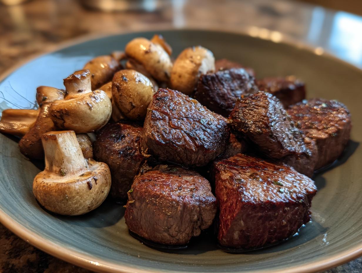 A close-up of juicy air fryer steak bites and perfectly cooked mushrooms served in a bowl.
