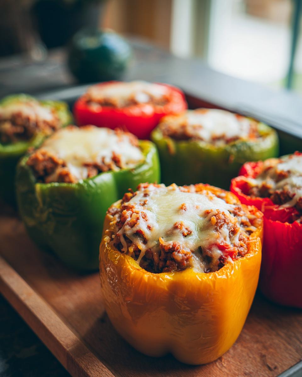 Close-up of colorful air fryer stuffed peppers filled with meat and rice, topped with melted cheese.