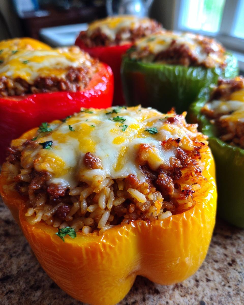 Close-up of colorful air fryer stuffed peppers filled with seasoned meat and rice, topped with melted cheese.