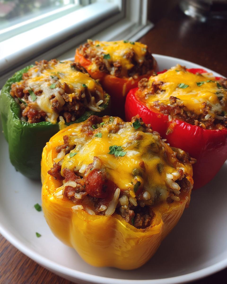 Four colorful air fryer stuffed peppers (green, yellow, orange, red) filled with ground meat and rice, topped with melted cheese and parsley.