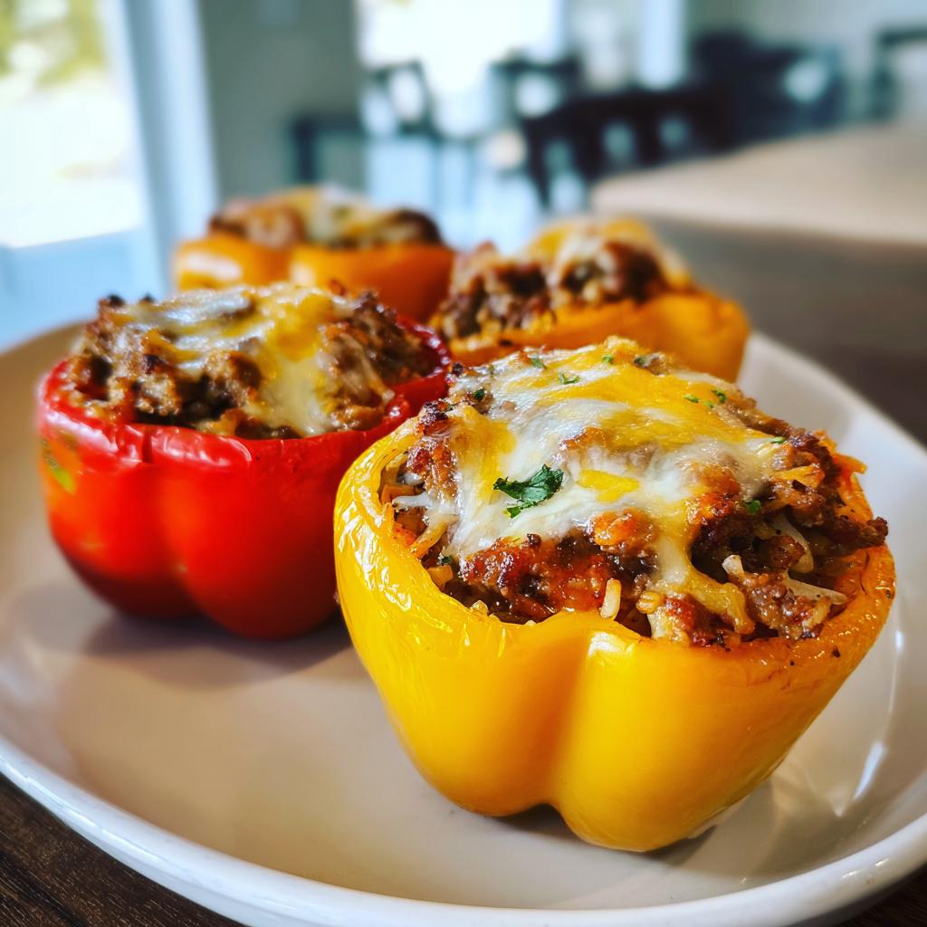 Close-up of air fryer stuffed peppers filled with seasoned meat and rice, topped with melted cheese and parsley.