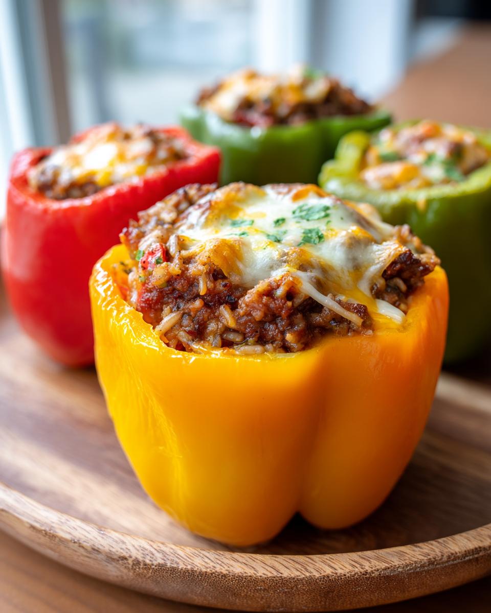 Close-up of colorful stuffed peppers in an air fryer, topped with melted cheese and herbs.