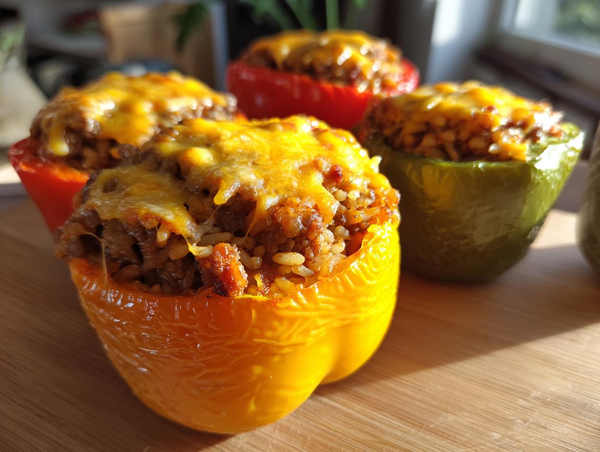 Close-up of air fryer stuffed peppers filled with seasoned meat and rice, topped with melted cheese.